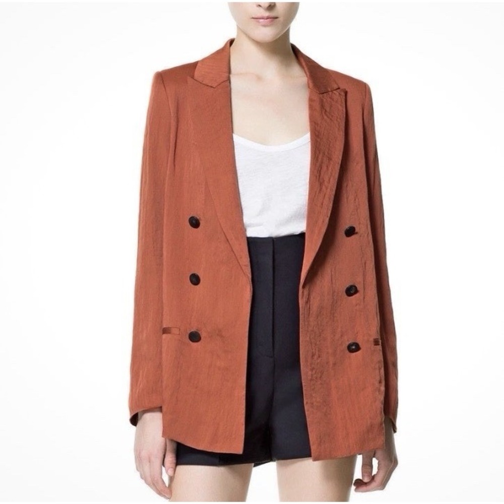 ZARA WOMAN LONG DOUBLE BREASTED JACKET COAT BLAZER ORANGE RUSSET - Large